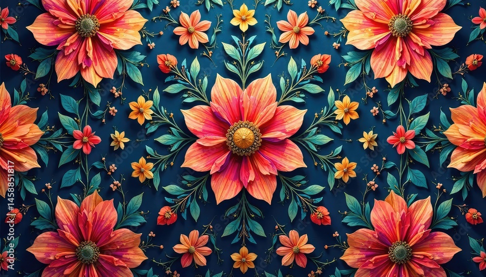 Intricate floral textile design, repeating motif , ornate, graphic Intricate floral textile design, repeating motif , ornate, graphic