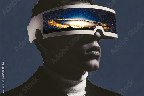 Jeune homme portant un casque de vision 3d