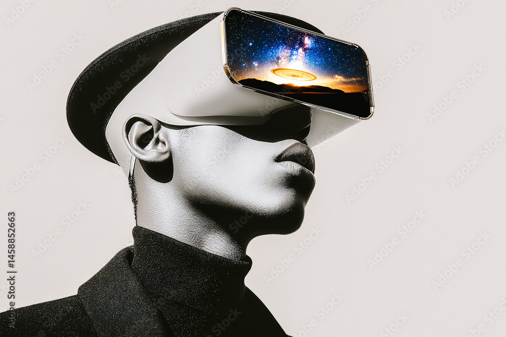 Jeune homme portant un casque de vision 3d
