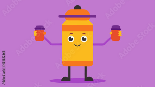 Strength Training Bottle A lively orange water bottle stands upright with a strong stance adorned with small arms lifting matching purple dumbbells. It has a sweatband on its head