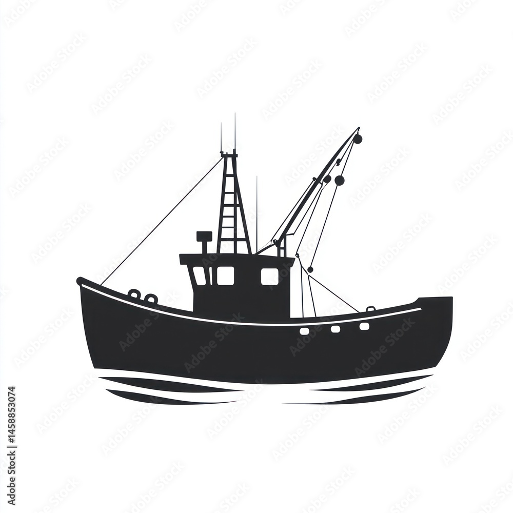 Fishing boat silhouette on water, illustration, simple design, for nautical use, graphic art Fishing boat silhouette on water, illustration, simple design, for nautical use, graphic art