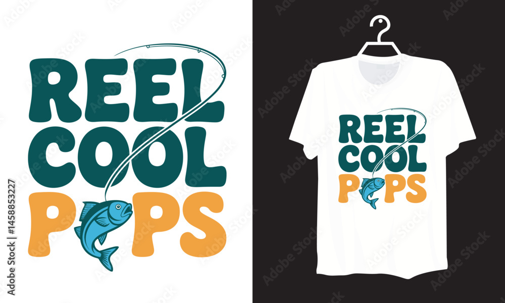 Fototapeta premium Vintage Style Reel Cool Pops Typography Vector with Fishing Rod and Jumping Fish for Fathers Day T Shirt Design