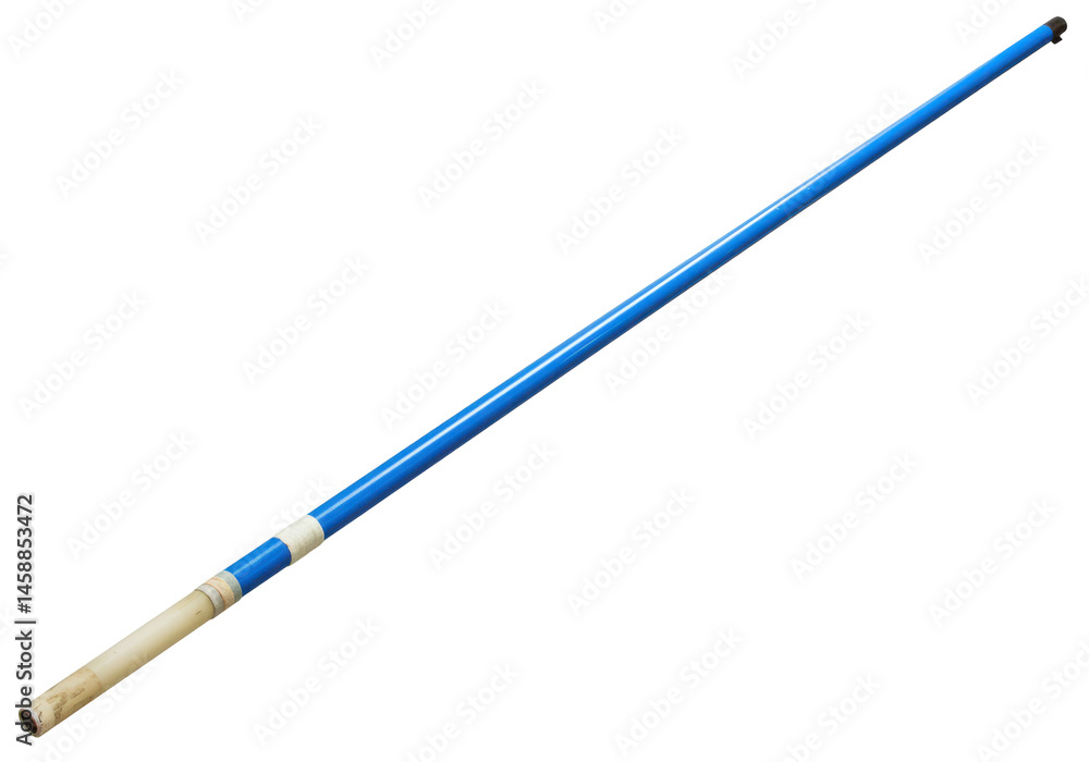 A blue pool cue stick stands diagonally against a black backdrop A blue pool cue stick stands diagonally against a black backdrop