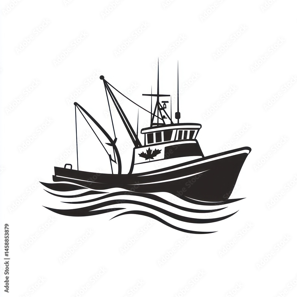 Fishing boat silhouette on water waves, nautical graphic, design element Fishing boat silhouette on water waves, nautical graphic, design element