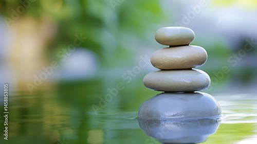 Serene Stack of Grey Stones in Calm Water, Reflecting Tranquility and Balance in a Peaceful Green Garden Setting. : Generative AI