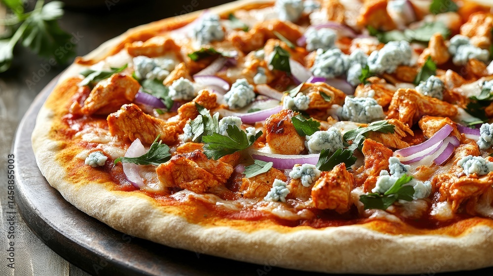 A spicy buffalo chicken pizza with blue cheese crumbles, red onions, and fresh parsley. A spicy buffalo chicken pizza with blue cheese crumbles, red onions, and fresh parsley.