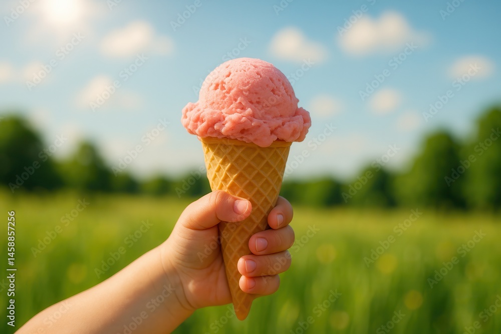 Child holding strawberry ice cream cone in a green field