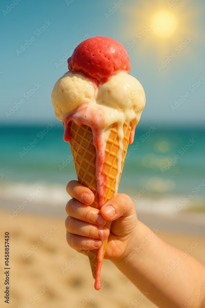 Child holding melting ice cream cone on sunny beach