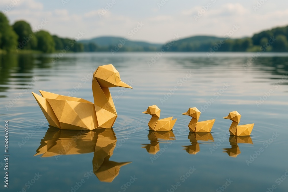Origami duck family floating on calm lake water