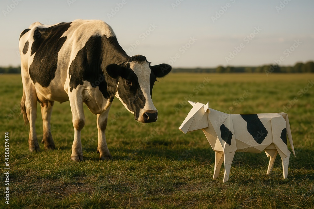 Curious cow inspecting origami cow in a green field