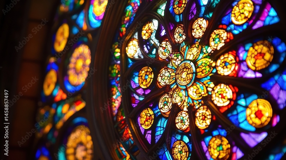 A stained glass window glowing with intricate patterns and vibrant colors A stained glass window glowing with intricate patterns and vibrant colors