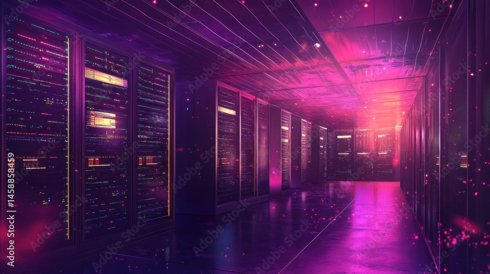 Fototapeta premium Futuristic server room pink purple neon glow data center corridor