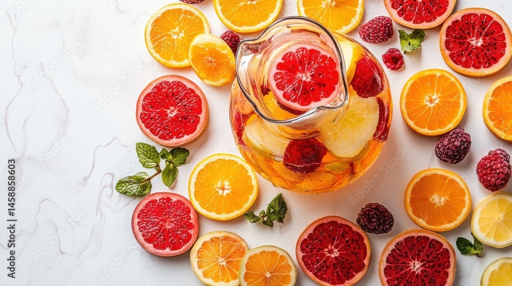 Fruit infused water pitcher with sliced fruits on white marbled surface Fruit infused water pitcher with sliced fruits on white marbled surface