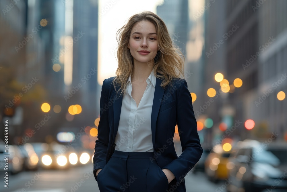 Fototapeta premium Confident businesswoman walking in a city at sunset, wearing a navy blue suit.