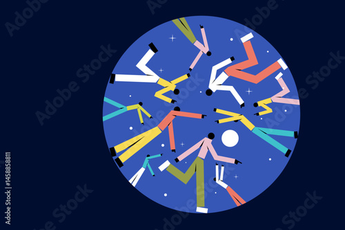 Abstract illustration of a group of human figures dancing  within a circular frame