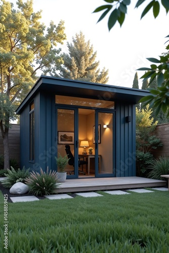 Compact Backyard Workspace: Modern Standalone Office Shed with Clever Design, Large Windows Revealing Functional Interior