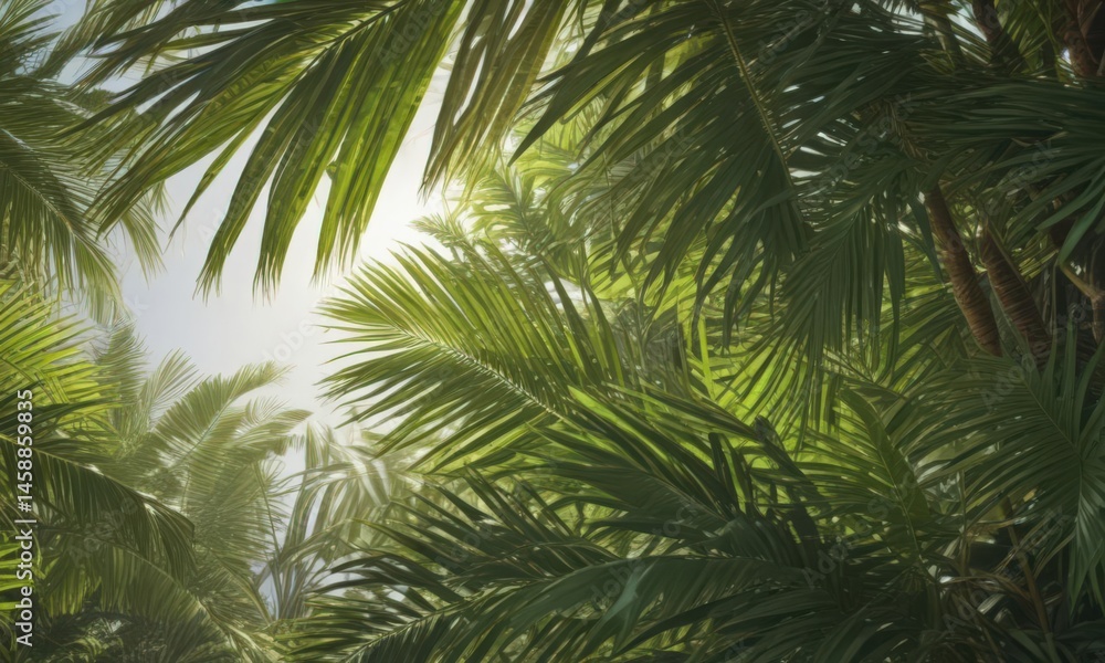 Fototapeta premium Lush green palm fronds, sunlight dappled, vibrant texture, vacation, leaf