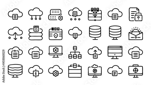 Linear cloud storage web icons in outline style designed for data backup cloud computing internet services and digital storage solution presentations