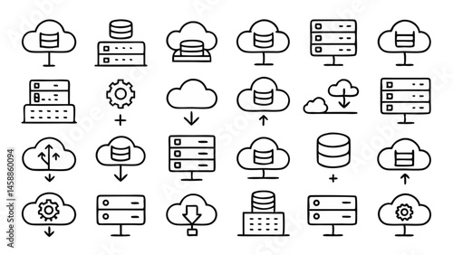 Set of line icons featuring cloud computing and digital storage solutions designed for use in tech presentations websites apps and cloud-based service branding
