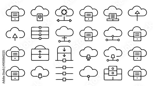 Outline icon set representing cloud storage systems perfect for data syncing cloud platforms remote access services and digital file management applications