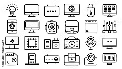 Line icon series featuring computer parts including monitors laptops keyboards and mice perfect for tech websites hardware infographics and IT product pages