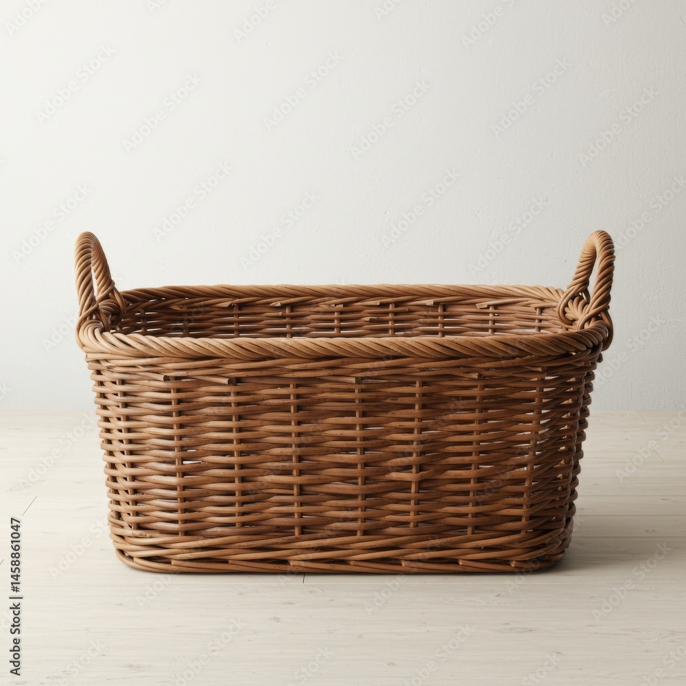 Obraz premium Rectangular Brown Wicker Basket on Wooden Floor