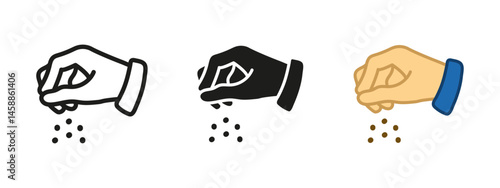 Hand seed icon. Human hand in a seeding gesture, sprinkling small particles like seeds. Symbol of planting, growth and agriculture. Suitable for farming, gardening and nature-related designs.