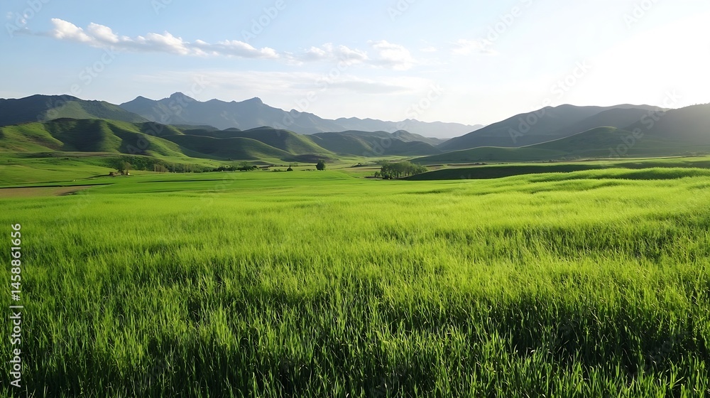 Serene landscape photo of a vast green field gently swaying in the breeze, nestled amidst rolling hills and a majestic mountain range under a clear sky. : Generative AI Serene landscape photo of a vast green field gently swaying in the breeze, nestled amidst rolling hills and a majestic mountain range under a clear sky. : Generative AI