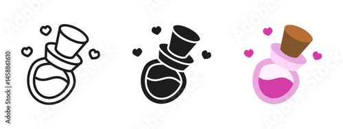 Love potion icon. Pink magic elixir in a corked vial with floating heart symbol. Fantasy vector illustration used in romantic themes, games, spells and magical story contexts.