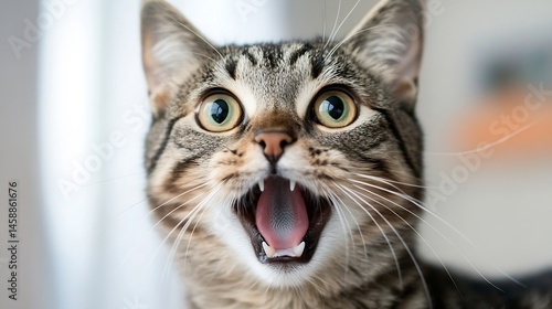 Wallpaper Mural Close-up portrait of a tabby cat with wide-open mouth, showing teeth and pink tongue, green eyes, and long whiskers.  The cat appears surprised or playful. : Generative AI Torontodigital.ca