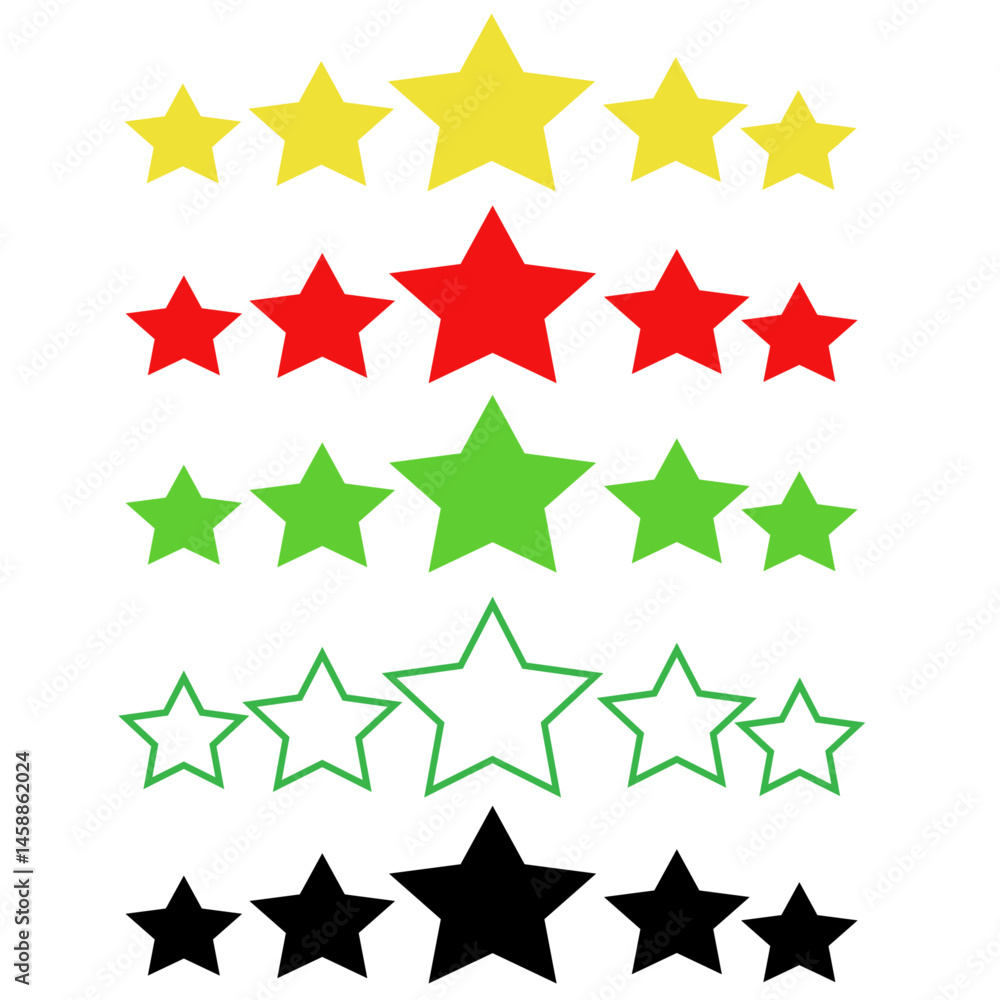 Obraz premium 5-star review rating template with transparent background. A set of feedback symbols showing five stars in five different styles: outline, black, red, green, and transparent. Quality rating icons 