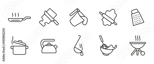 Cooking line icon set. Kitchen utensil and food preparation outline vector illustration. Frying pan, pot, whisk, grater, ladle and barbecue symbols. Culinary tools for meal and dish creation.