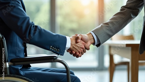 Disability inclusion handshake business deal: wheelchair accessibility, employment, partnership