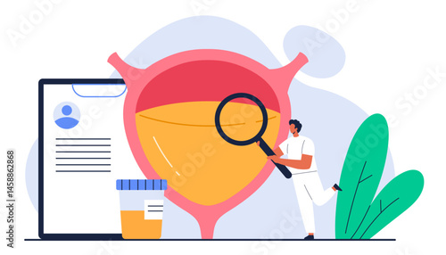 Urinary system concept. Doctors check up human urinary tract. Bladder infection, cystitis, healthcare, treatment. Isolated vector illustration in cartoon style
