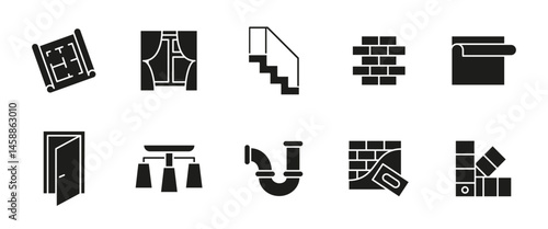 Home renovation glyph icon set. Interior repair and construction black vector illustration. Tools, materials and design elements for remodeling, architectural planning and home improvement projects.