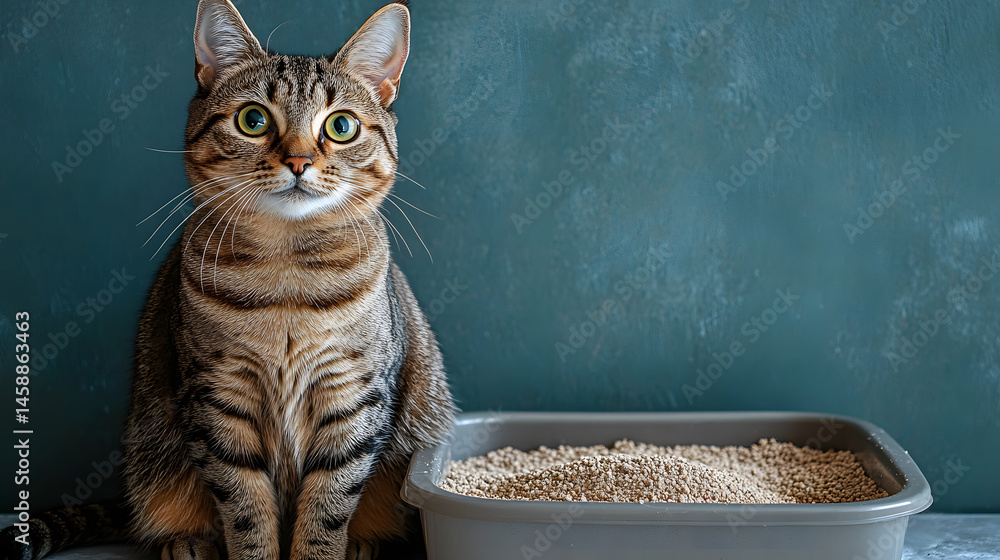 A striped tabby cat sitting next to a litter box filled with clean litter, highlighting pet care and hygiene essentials.