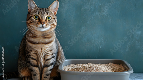Obraz na płótnie A striped tabby cat sitting next to a litter box filled with clean litter, highlighting pet care and hygiene essentials. w salonie