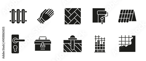 Construction and renovation black icon set. Vector glyph illustrations of tools, materials and home repair elements. Suitable for interior works, architecture and building maintenance projects.