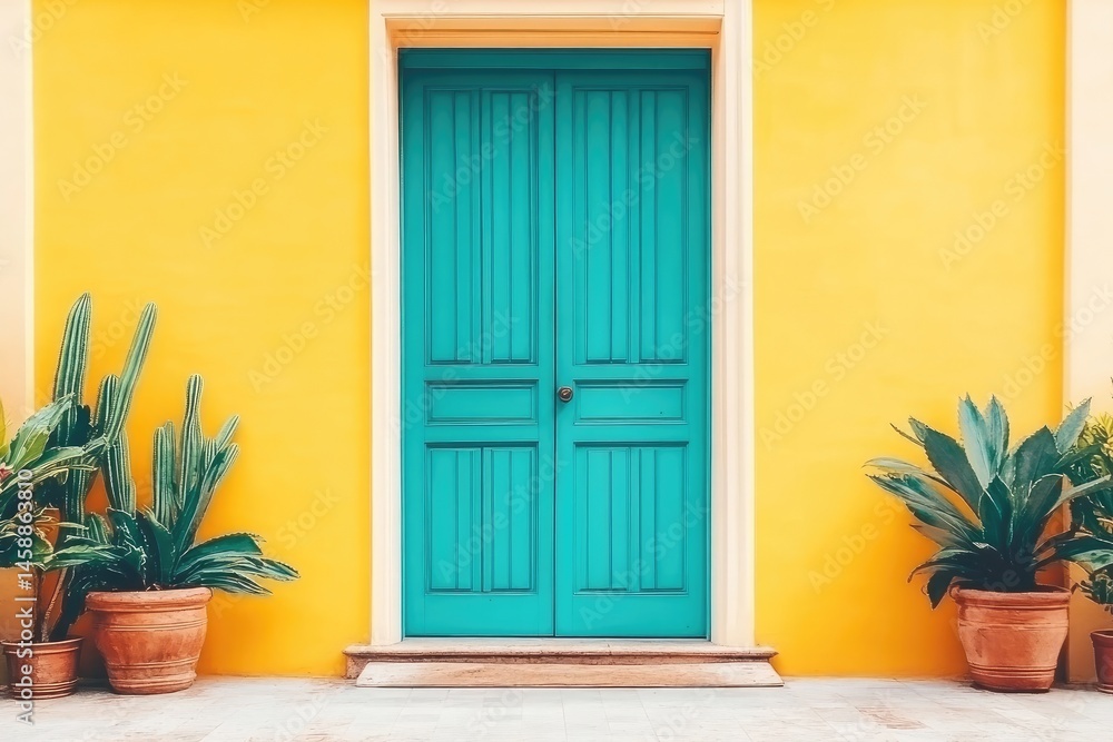 Fototapeta premium Vibrant teal door on a sunny yellow wall