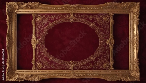 Ornate gilded frame with swirling patterns against plush burgundy velvet , visual, metal