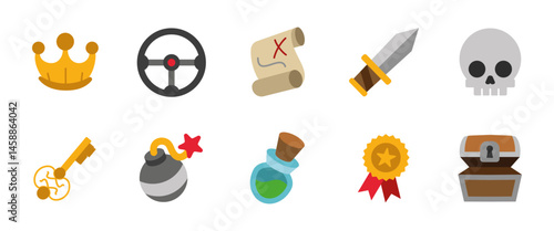 Treasure hunt cartoon icon set. Colorful vector illustrations of pirate map, crown, sword and chest. Adventure and fantasy themed symbols for games, quests, RPG interfaces and reward-based missions.