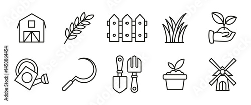 Agriculture outline icon set. Line vector illustrations of farm tools, plants and growth. Farming and gardening symbols for agricultural apps, eco projects and rural development materials.