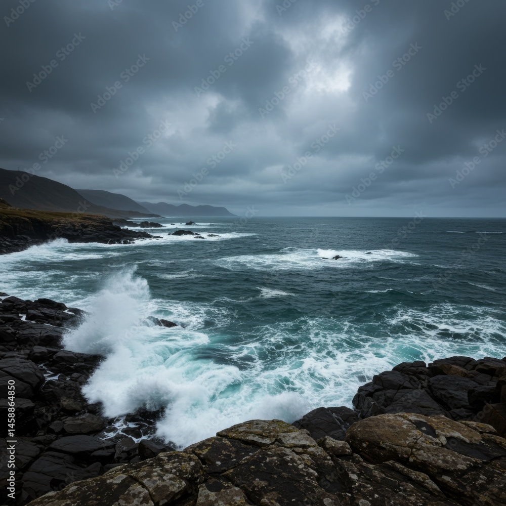 Dark Stormy Ocean Waves Crashing on Rocky Coast Dark Stormy Ocean Waves Crashing on Rocky Coast