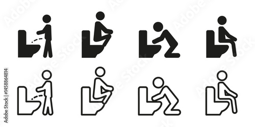 Toilet icon set. Male figure using toilet in various positions standing, sitting, squatting. Hygiene and restroom posture pictograms for bathroom signs, instruction visuals and sanitary infographics.