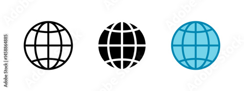 Globe icon. Simplified spherical world map vector illustration. Global network symbol for internet, international communication, geography or travel-related interfaces and educational contexts.