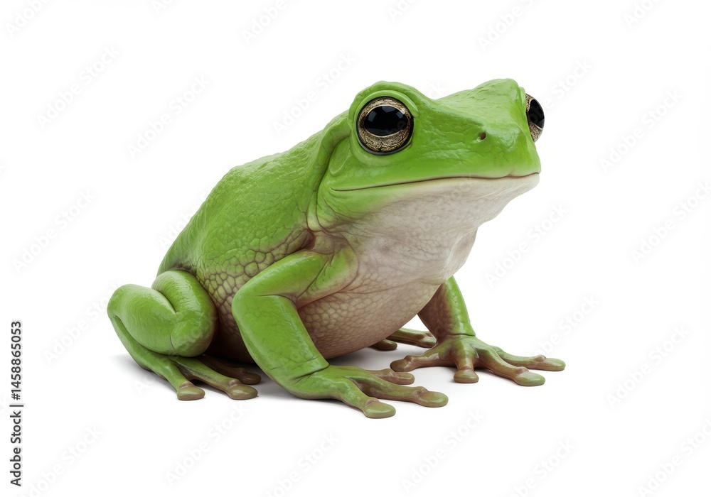 A green tree frog sits isolated against a white background in a close-up studio shot A green tree frog sits isolated against a white background in a close-up studio shot