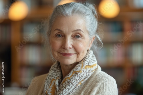 A smiling senior woman with gray hair and a patterned scarf, in a library setting.