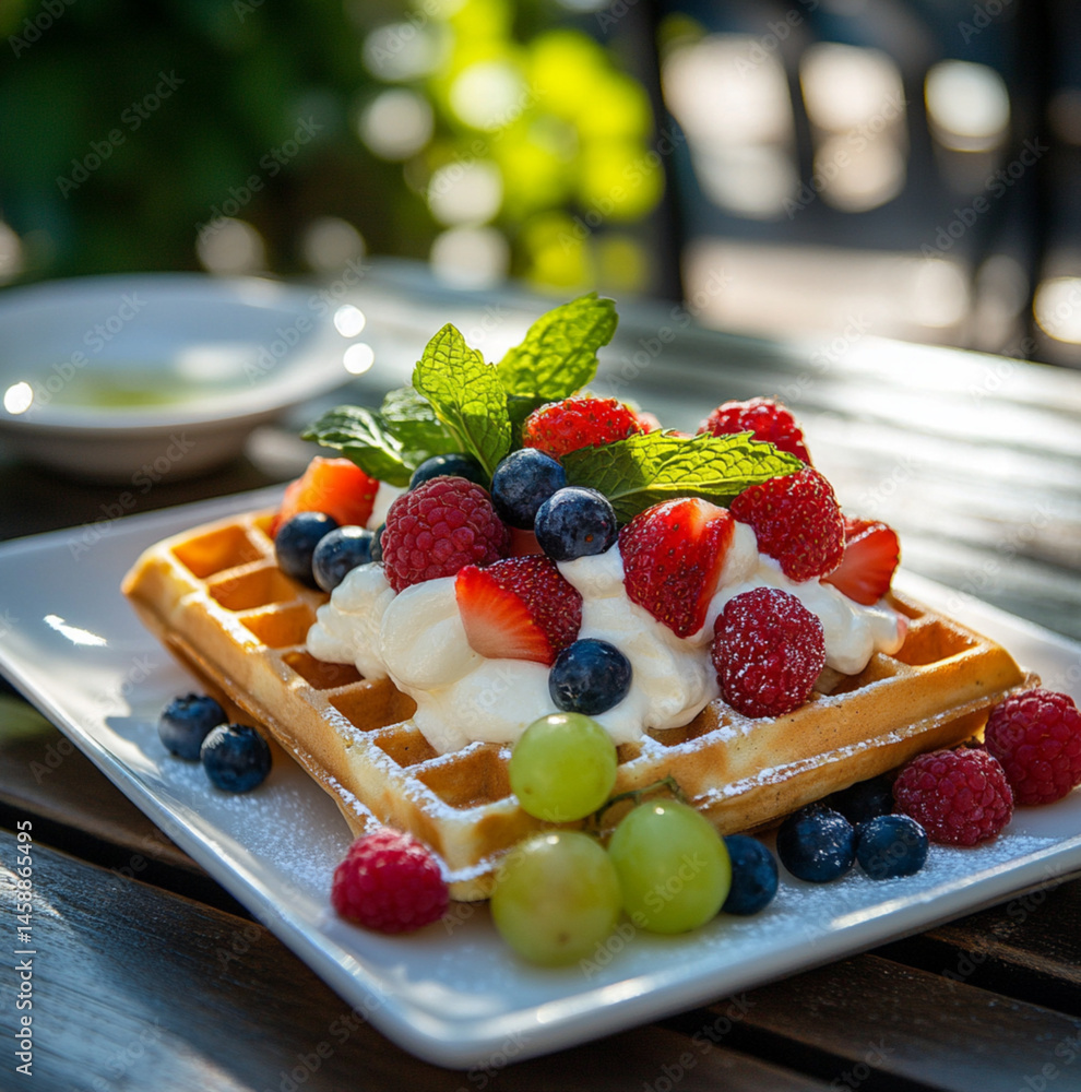 A square waffle with white cream and fruit, placed on an outdoor table at the summer park, On top of the waffle,strawberries, blueberries, grapes, and sliced peaches.