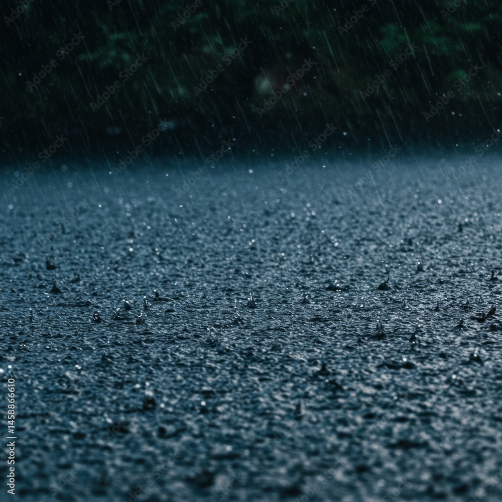 Dark Rainy Night, Closeup of Rain Droplets on Wet Ground Dark Rainy Night, Closeup of Rain Droplets on Wet Ground
