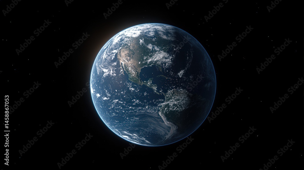 Naklejka premium A close-up of Earth with emphasis on the continents, oceans, and atmosphere, illuminated by the sun in the background.
